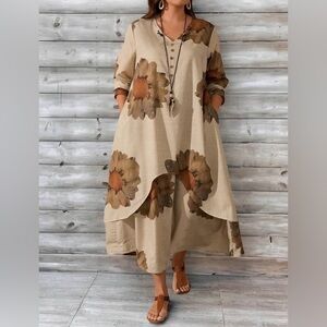 🌻 NWOT Beautiful Boho🌻Linen Look Floral Tunic Dress | Asymmetrical Hem | Pockets